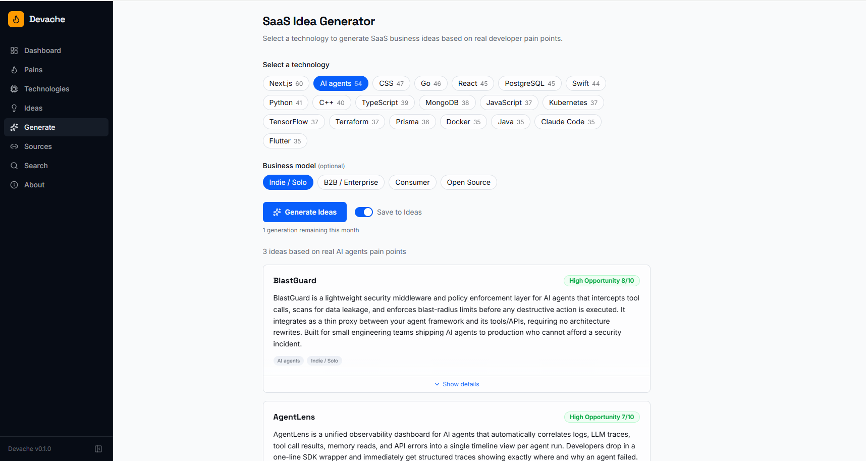 Devache: Developer pain points → AI-powered SaaS ideas | Orynth